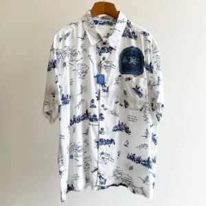 Porter Classic “Navy Blue Hawaii” Aloha Shirt White